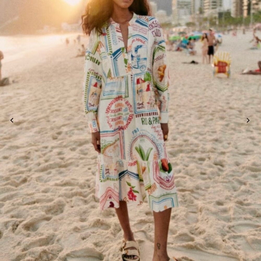 Sezane x Farm Rio Paris Amo Rio Boheme Midi Dress Multi Print FR 38 US 6 NEW